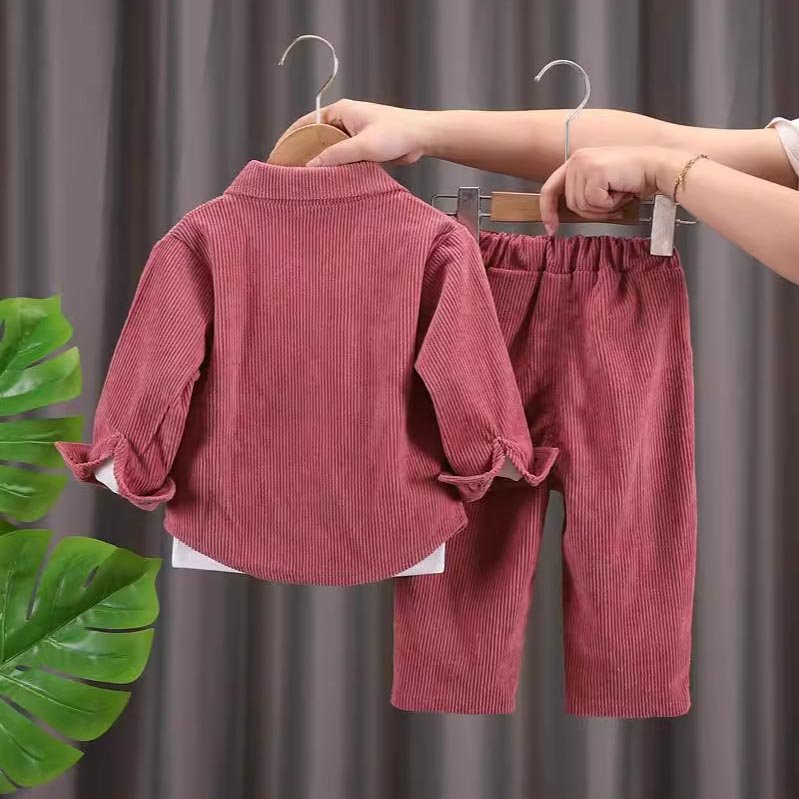 Autumn Winter Boy Kids Clothing Casual Corduroy Lapel Concealed Buttons Cardigan Jacket Pants Two-piece Children Clothes 2024