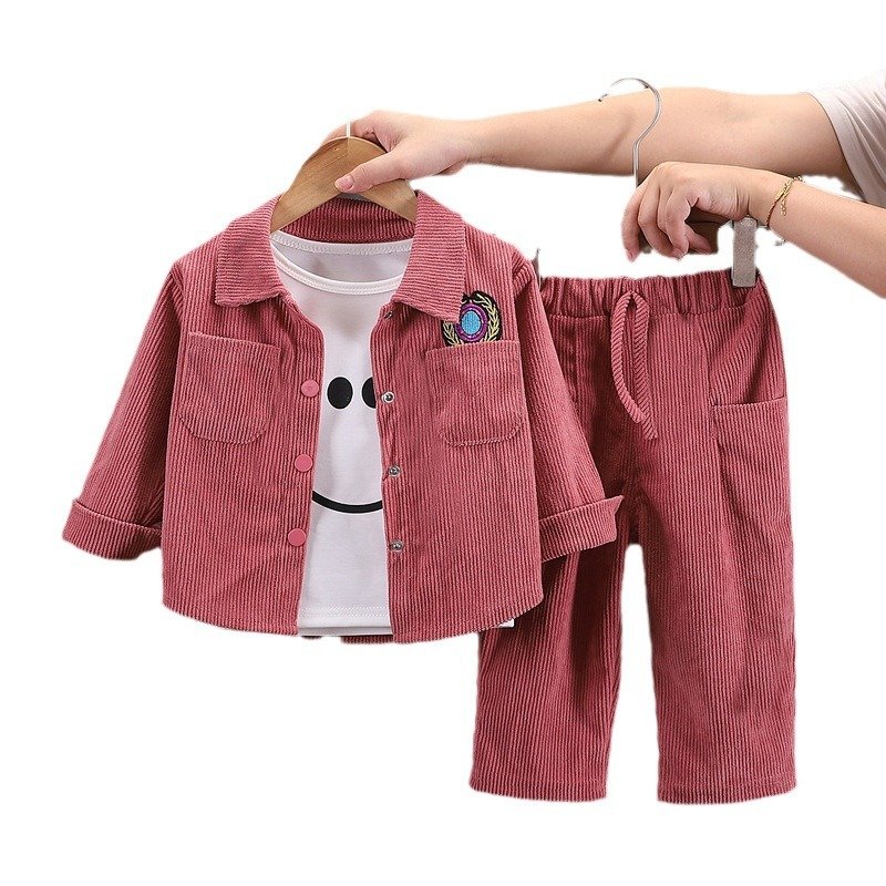 Autumn Winter Boy Kids Clothing Casual Corduroy Lapel Concealed Buttons Cardigan Jacket Pants Two-piece Children Clothes 2024