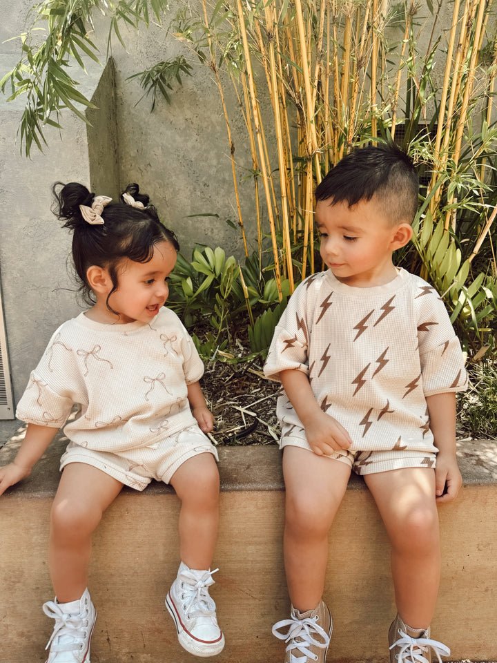 Waffle Printed Kids Unisex Short Sleeve Pullover Drawstring Shorts Summer Cozy Baby Wear Sets