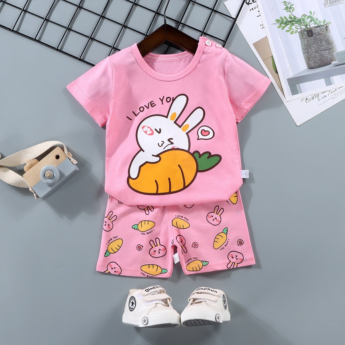 Wholesale 2pcs Cotton Baby Clothing Sets Cartoon Summer Jogging Suit with Pullover Closure Kids Pajama Suit with Short Sleeves