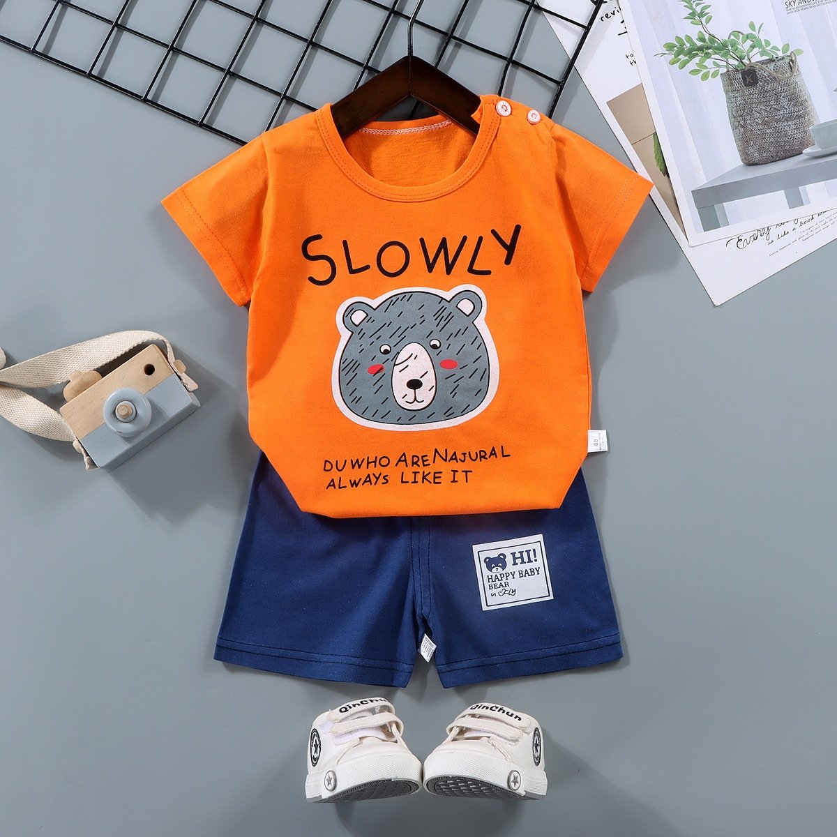Wholesale 2pcs Cotton Baby Clothing Sets Cartoon Summer Jogging Suit with Pullover Closure Kids Pajama Suit with Short Sleeves