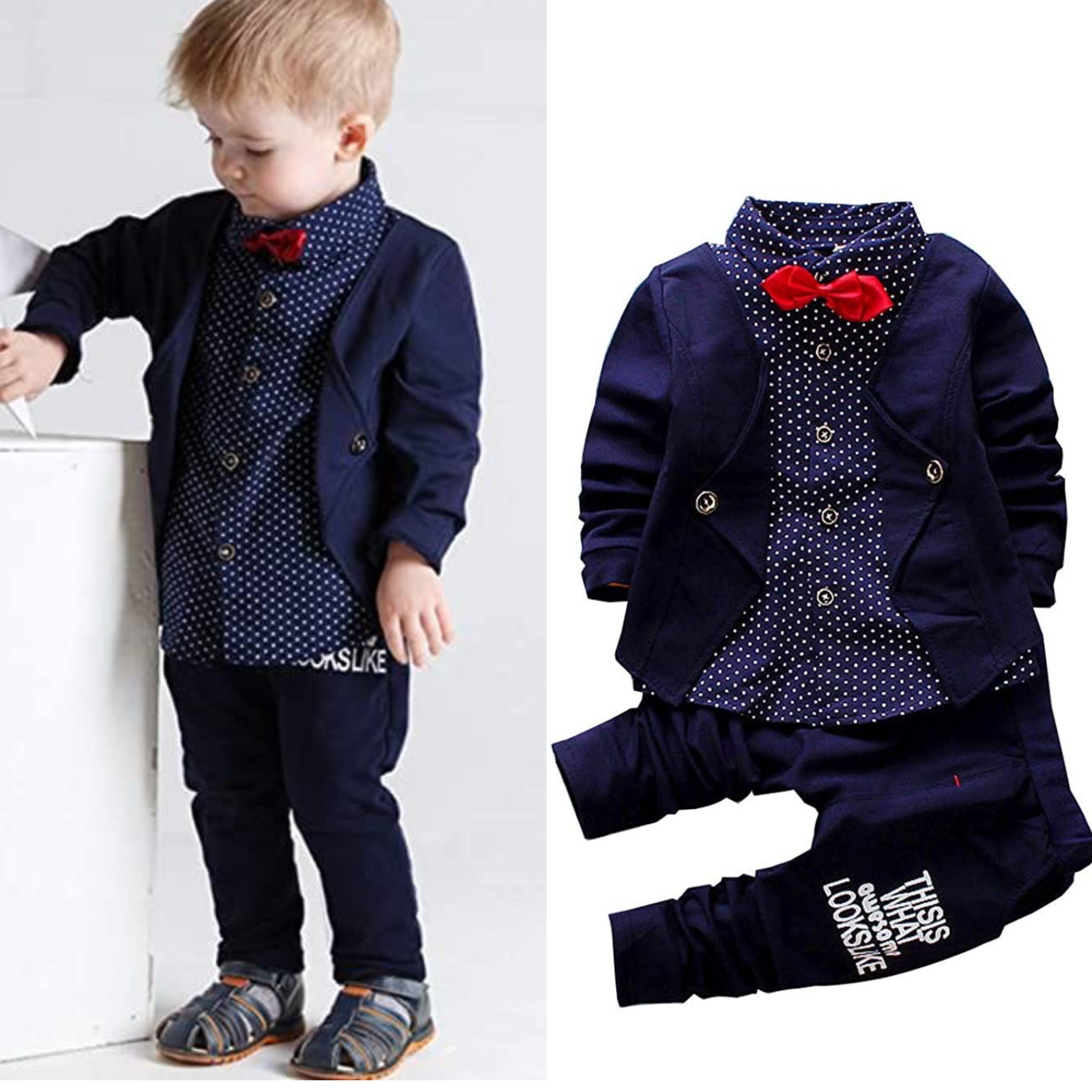 Winter Kids Baby Boys Gentleman tie Shirt Tops+Long Pants Formal Party Boy Clothing Sets