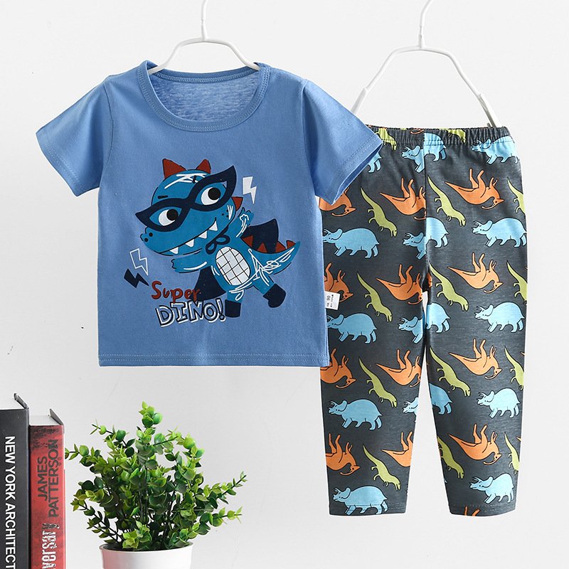 Fashion Summer Short Sleeve T-shirt clothing Long Pants Sets Pajamas Boys Girls Kids Suit