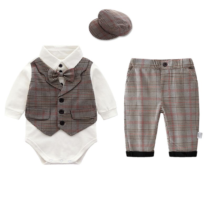 Top sale Gentleman birthday children's suit baby clothing sets baby bodysuit pants and hat 3 pieces set for spring