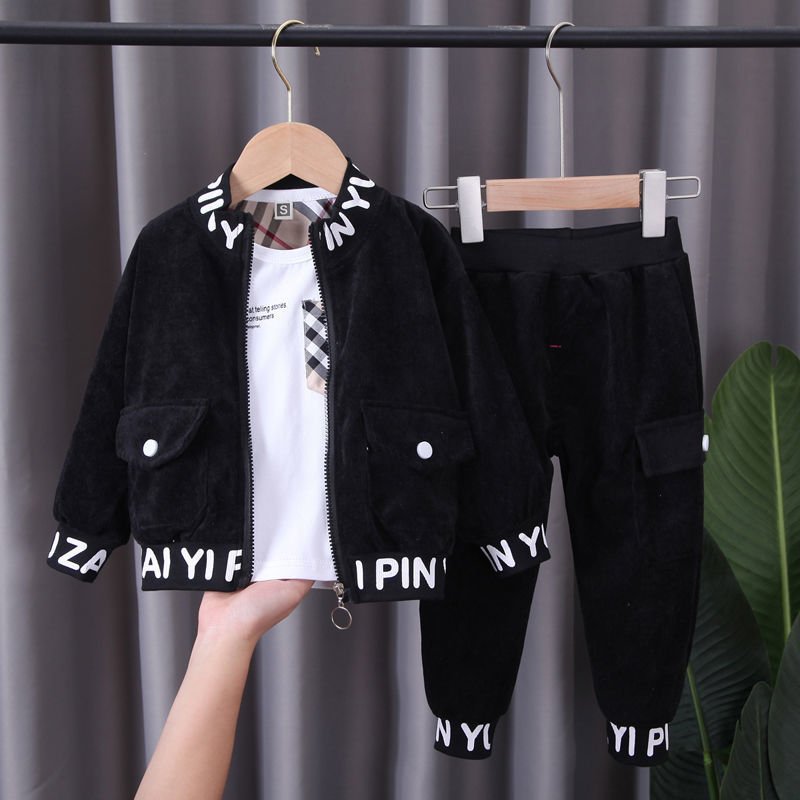Children's clothing handsome boy spring new corduroy zipper long sleeve leisure sports two-piece spring and autumn set wholesale
