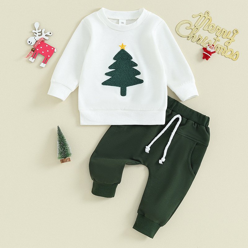 Wholesale Children's casual suit Christmas tree print long-sleeved sweatshirt sports pants two-piece suit boys kids clothing set