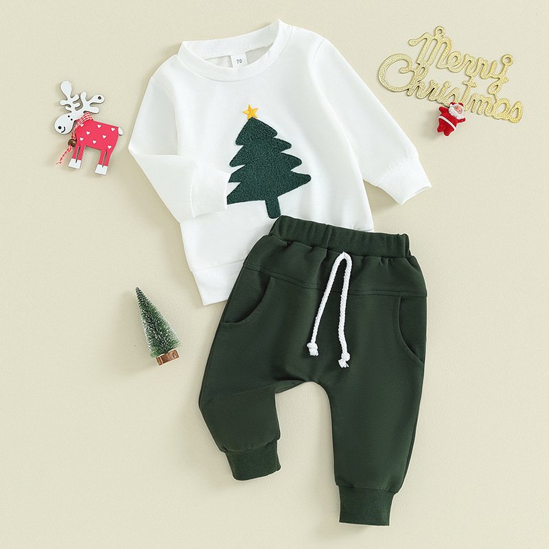 Wholesale Children's casual suit Christmas tree print long-sleeved sweatshirt sports pants two-piece suit boys kids clothing set