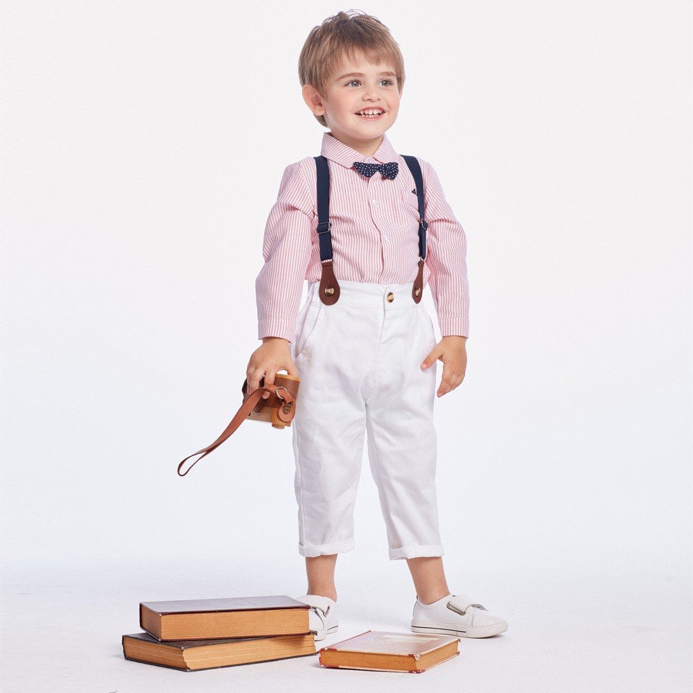Spring And Autumn Long Sleeve Blue Plaid Cotton Shirt Suspenders Trousers Two Sets Boys Clothing