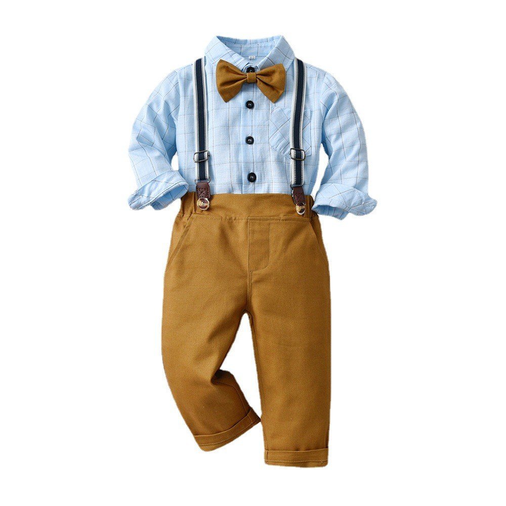 Spring And Autumn Long Sleeve Blue Plaid Cotton Shirt Suspenders Trousers Two Sets Boys Clothing