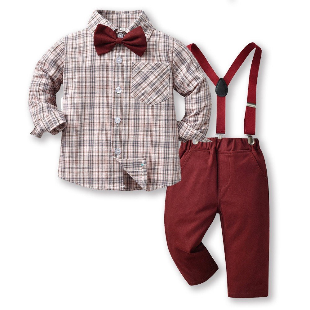Spring And Autumn Long Sleeve Blue Plaid Cotton Shirt Suspenders Trousers Two Sets Boys Clothing