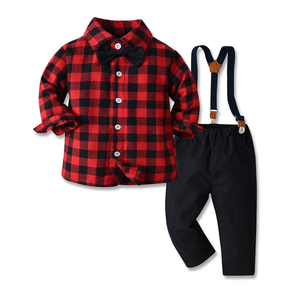 Spring And Autumn Long Sleeve Blue Plaid Cotton Shirt Suspenders Trousers Two Sets Boys Clothing