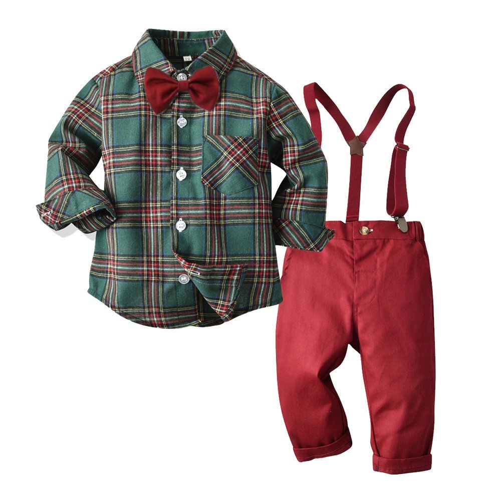 Spring And Autumn Long Sleeve Blue Plaid Cotton Shirt Suspenders Trousers Two Sets Boys Clothing