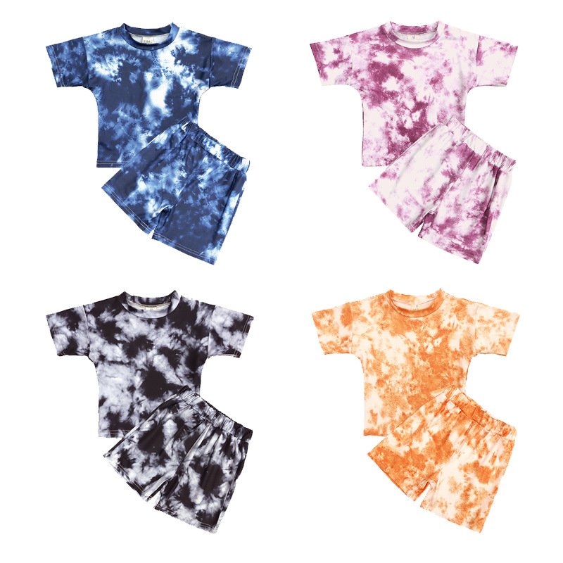 d0001 Children Boys Summer Sets Tie Dyed Short Sleeve 2 Pieces Outfits Unisex Kids Tie Dye Clothing Tracksuit Suits