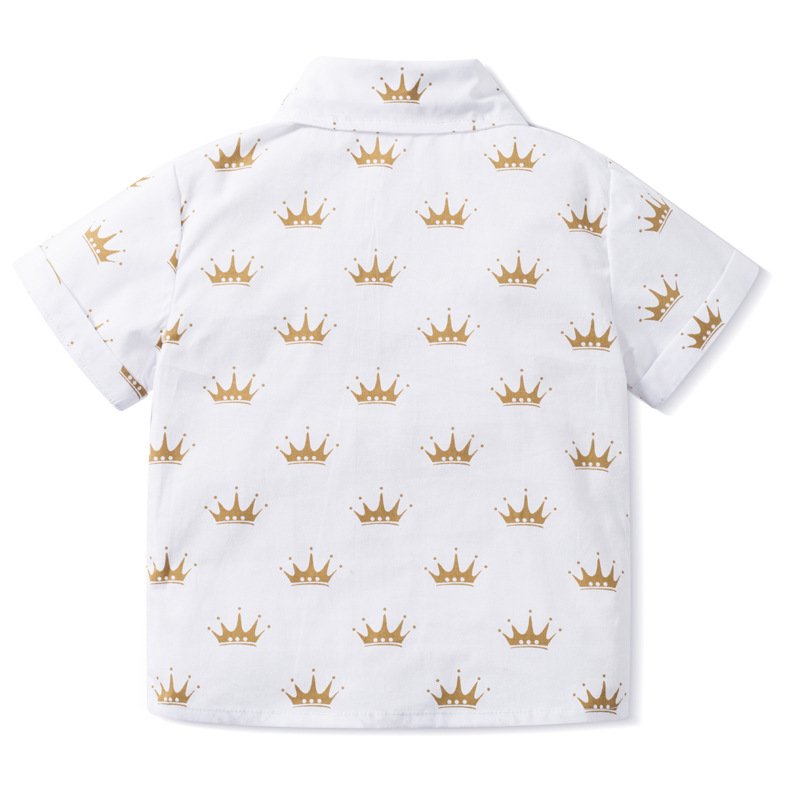 New Baby Boy Clothing Set Children Formal Suit Clothes 4pcs Crown Print Shirt Solid Shorts Kids Gentleman Set Bowtie