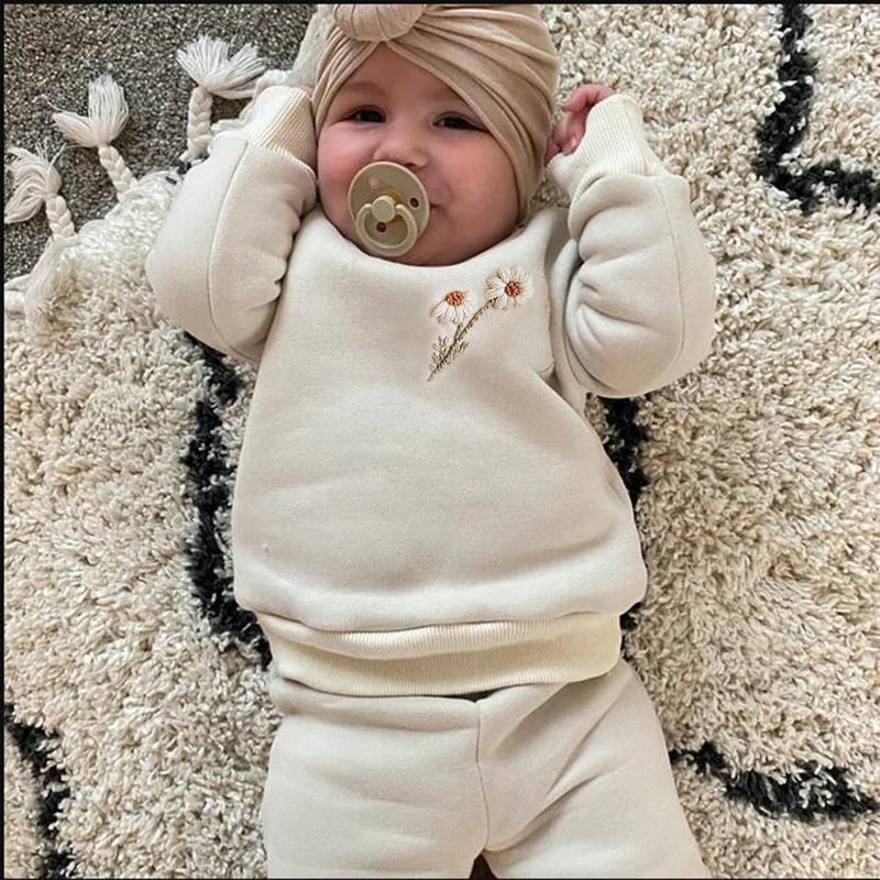 Fall Winter Baby Girls Boys Fleece Daisy Embroidery Pullover Sweatshirt Jogger Pants Tops Tracksuit Baby Clothes Set
