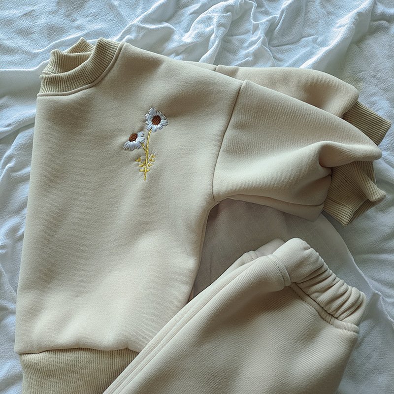 Fall Winter Baby Girls Boys Fleece Daisy Embroidery Pullover Sweatshirt Jogger Pants Tops Tracksuit Baby Clothes Set
