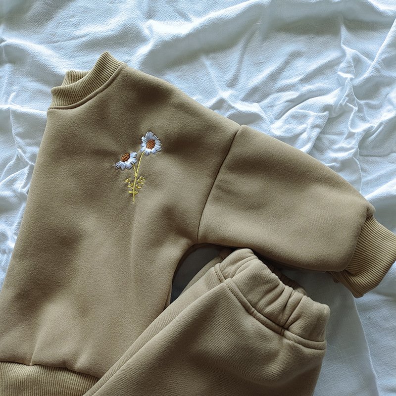 Fall Winter Baby Girls Boys Fleece Daisy Embroidery Pullover Sweatshirt Jogger Pants Tops Tracksuit Baby Clothes Set