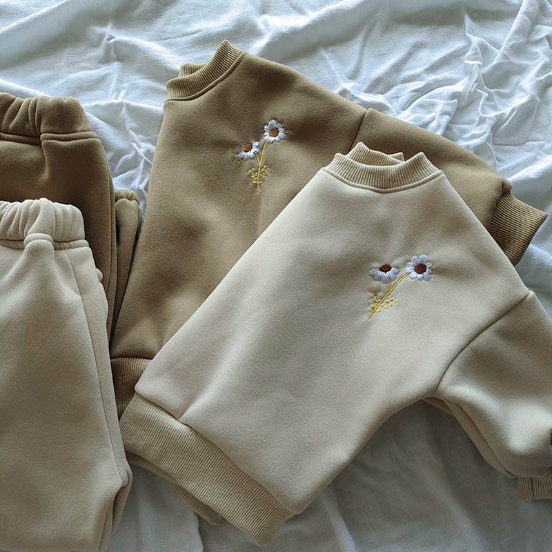 Fall Winter Baby Girls Boys Fleece Daisy Embroidery Pullover Sweatshirt Jogger Pants Tops Tracksuit Baby Clothes Set