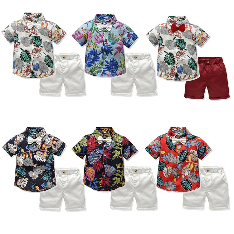 Wholesale white shorts and fancy kids clothes plant print shirt 2pcs baby clothing set