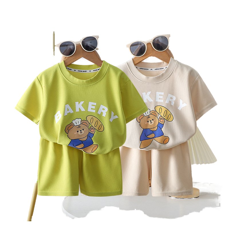 Kids Cheap Price Children's suit Casual Short Sleeve Set Cartoon Clothes Dress Cute Breathable Cotton boys and girls Shorts Suit