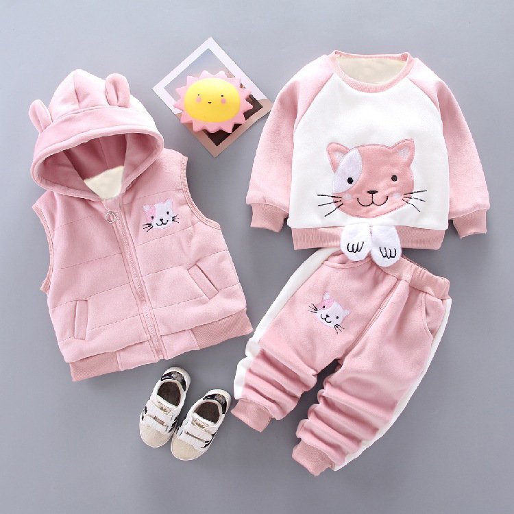 2024 Autumn Winter New Korean Version Cartoon Boys Girls Baby Fluffy Bear Three-Piece Boys Clothing Sets