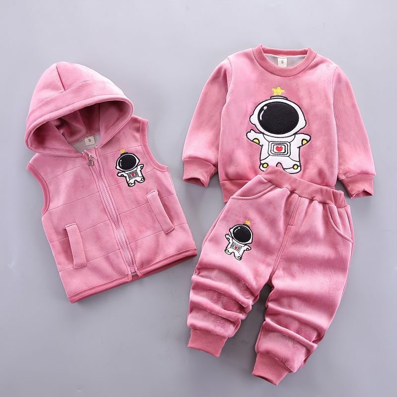 2024 Autumn Winter New Korean Version Cartoon Boys Girls Baby Fluffy Bear Three-Piece Boys Clothing Sets