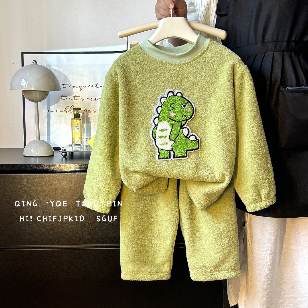 Autumn and winter new cashmere thickened children 1-14 years old boys and girls warm pajamas set for children