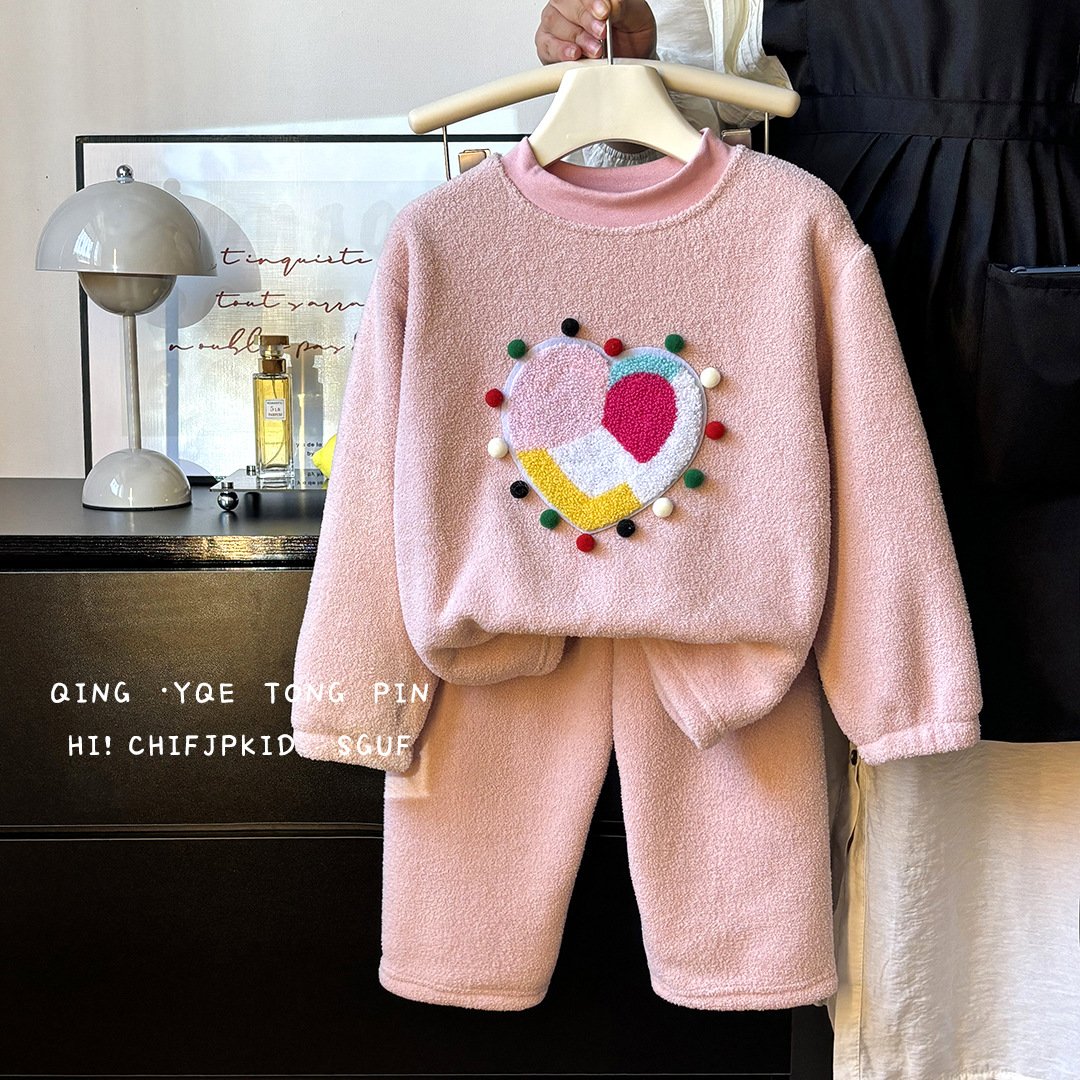 Autumn and winter new cashmere thickened children 1-14 years old boys and girls warm pajamas set for children