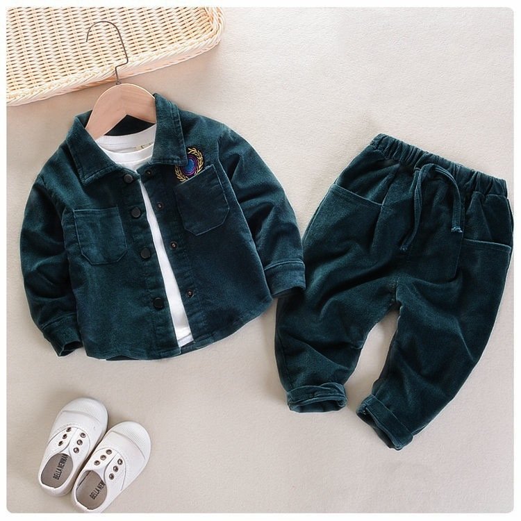 High Quality Soft Touch Kids Tracksuit Fashion Boys Girls Spring baby set Clothing Cheap Corduroy shirt 2 Piece