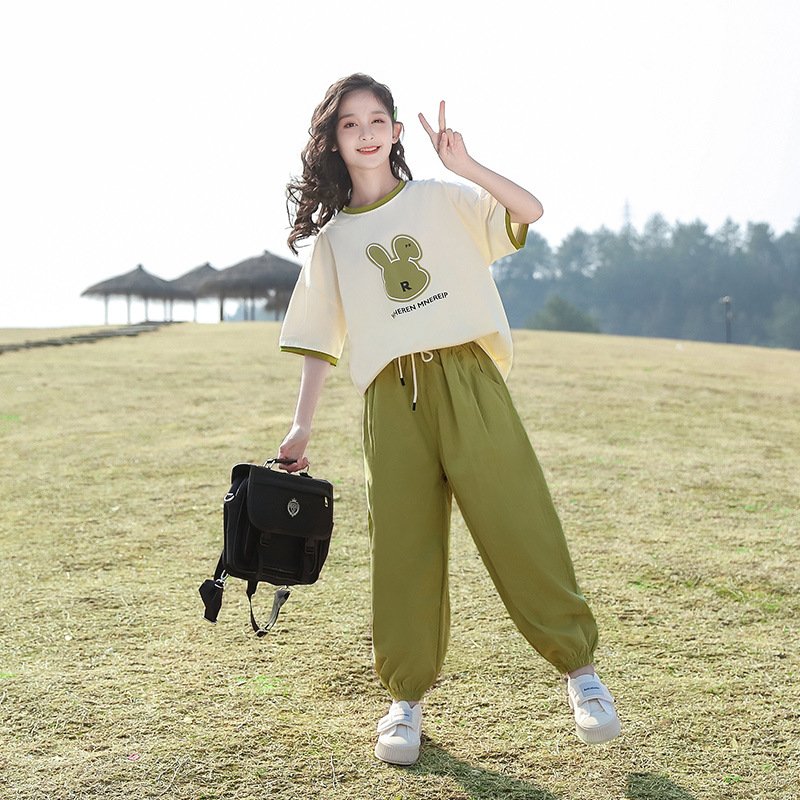 Summer New Children's Cartoon Casual Short-sleeved Set For Children Middle And Young Children Two-piece Set For Girls