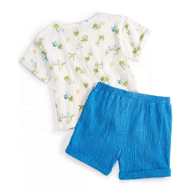 Casual Summer Cotton Baby Boys Vacation Print Henley Solid Shorts Set Toddler Clothing Baby Boy Clothes