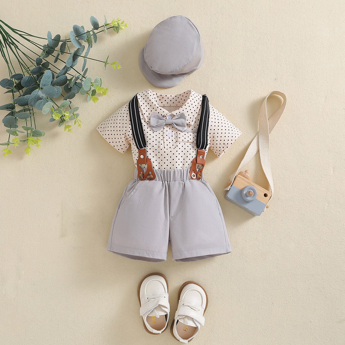 2024 Gentleman Infant Boy Clothing Set Short Sleeve Polka Dot Print T Shirt Romper Suspender Shorts Hat 3Pcs