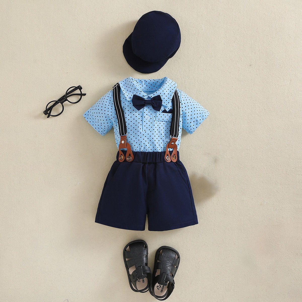 2024 Gentleman Infant Boy Clothing Set Short Sleeve Polka Dot Print T Shirt Romper Suspender Shorts Hat 3Pcs