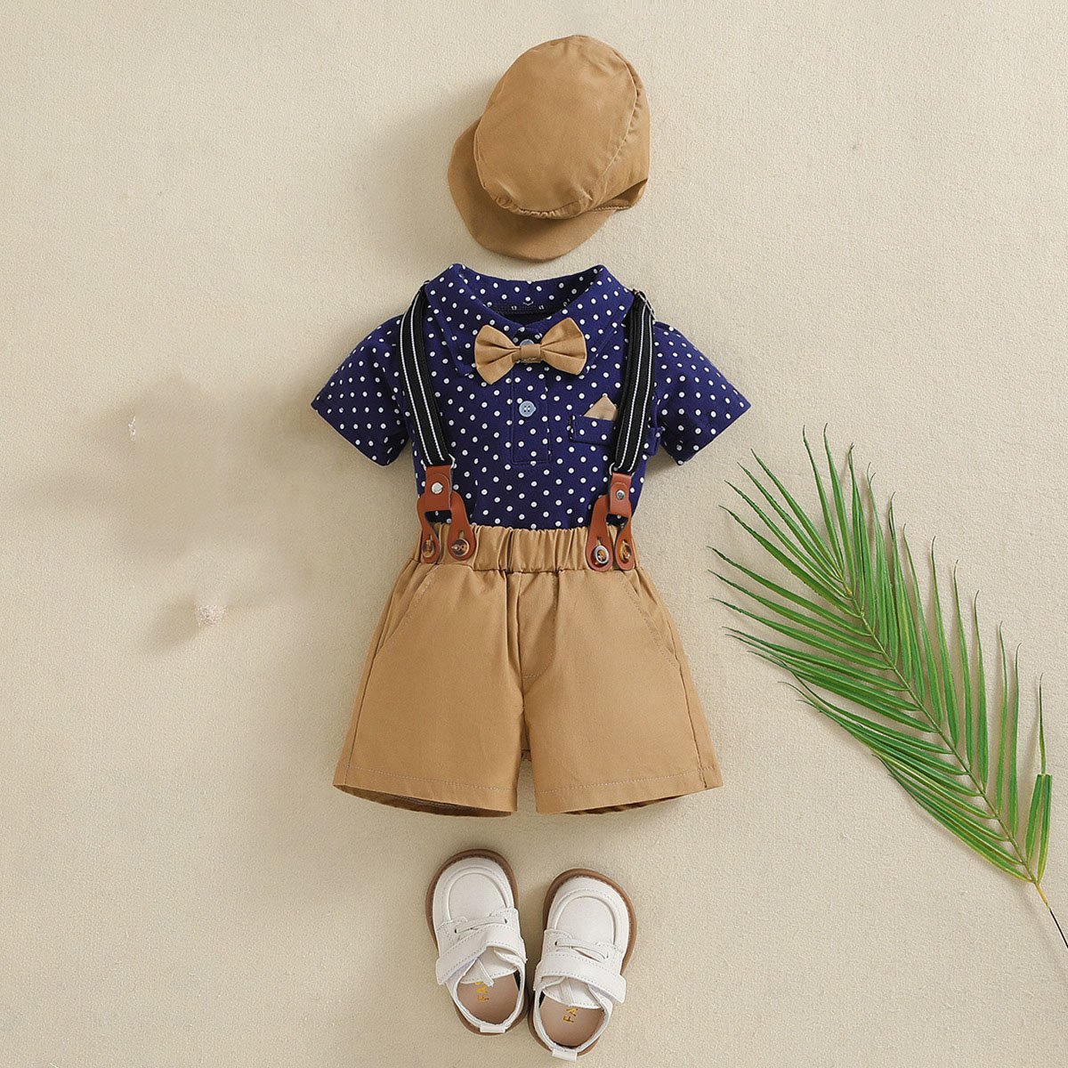 2024 Gentleman Infant Boy Clothing Set Short Sleeve Polka Dot Print T Shirt Romper Suspender Shorts Hat 3Pcs