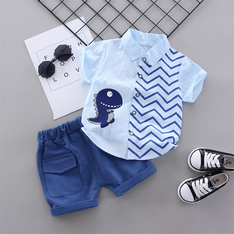 Summer Kids Baby Boys Cartoon Dinosaur Gentleman Short-sleeved Shirt Tops Shorts Outfits Set Kids Boy Clothing Set