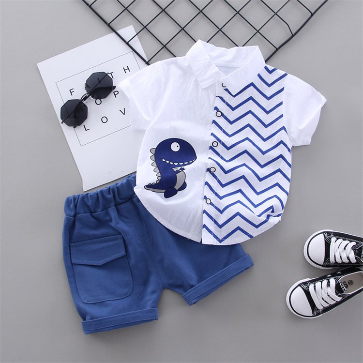 Summer Kids Baby Boys Cartoon Dinosaur Gentleman Short-sleeved Shirt Tops Shorts Outfits Set Kids Boy Clothing Set