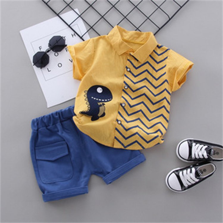 Summer Kids Baby Boys Cartoon Dinosaur Gentleman Short-sleeved Shirt Tops Shorts Outfits Set Kids Boy Clothing Set