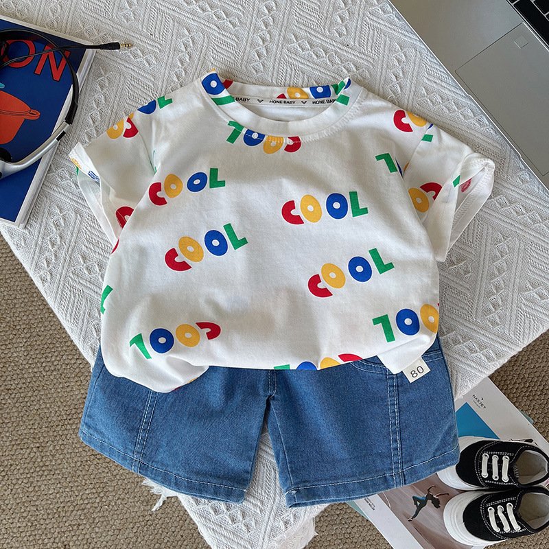 Kids Stylish Summer 2pcs Suits Printed T-shirt+Denim Shorts Casual Baby Boys Clothing Sets