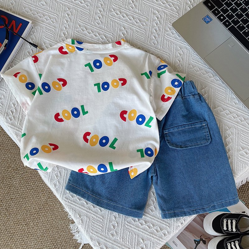 Kids Stylish Summer 2pcs Suits Printed T-shirt+Denim Shorts Casual Baby Boys Clothing Sets