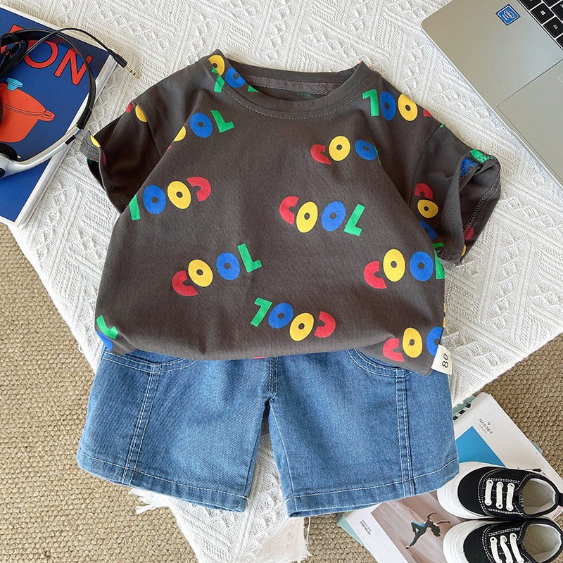 Kids Stylish Summer 2pcs Suits Printed T-shirt+Denim Shorts Casual Baby Boys Clothing Sets