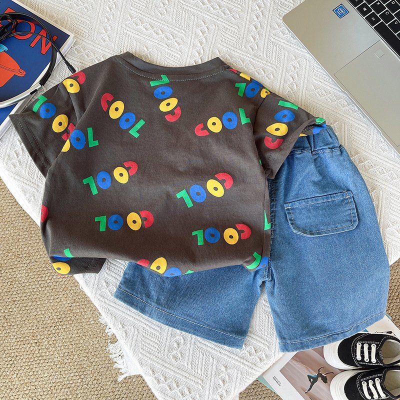 Kids Stylish Summer 2pcs Suits Printed T-shirt+Denim Shorts Casual Baby Boys Clothing Sets