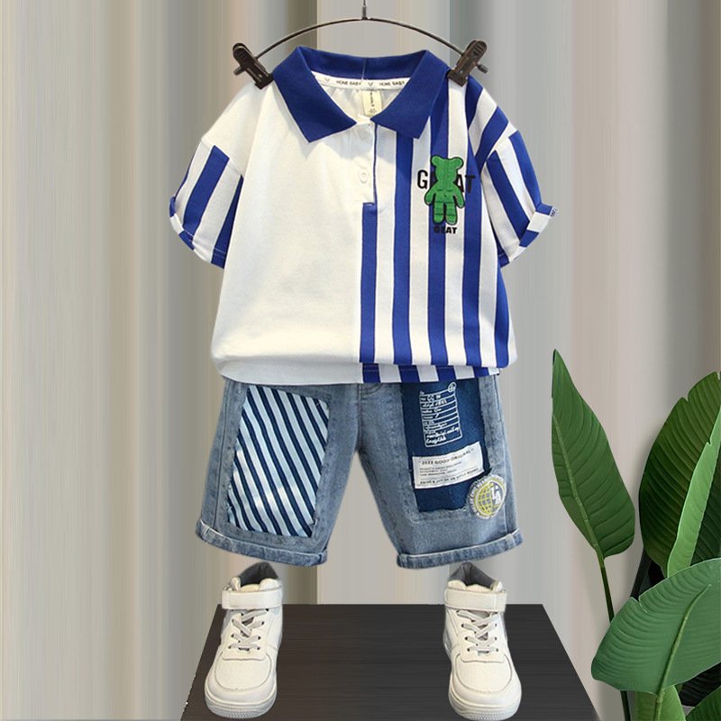2024 Kids Clothing Boys Striped Cartoon Summer Cotton Kids T-shirt&Denim Shorts Clothing Sets Children Suit Clothes