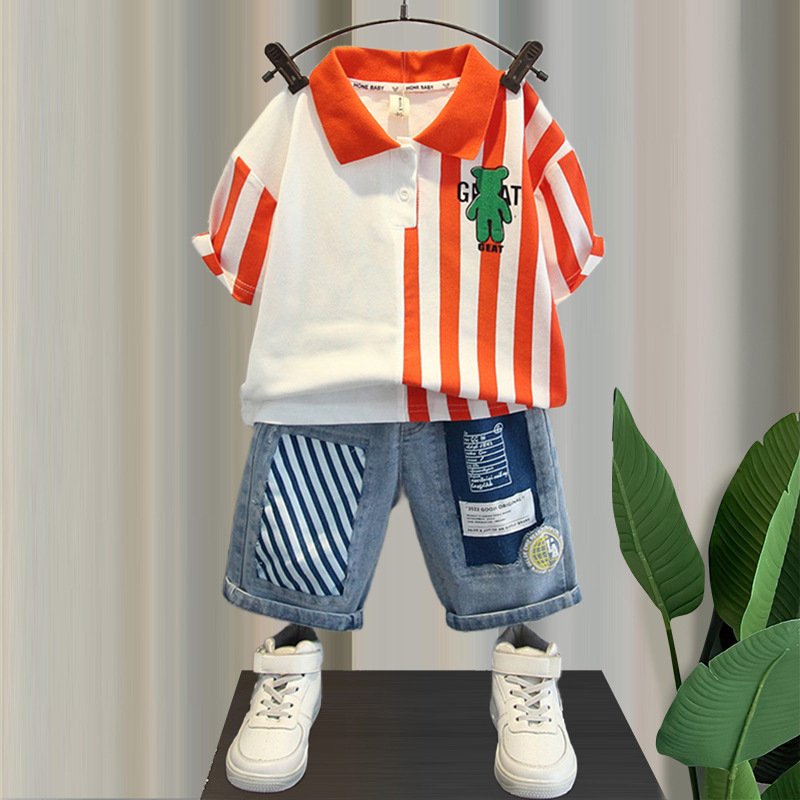 2024 Kids Clothing Boys Striped Cartoon Summer Cotton Kids T-shirt&Denim Shorts Clothing Sets Children Suit Clothes