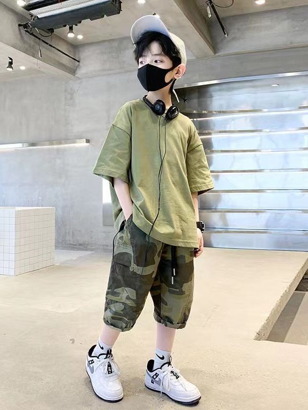 New arrival summer casual teen Boys Clothing Sets short sleeves solid T-shirt + camouflage shorts 2 Pieces outfits for kids