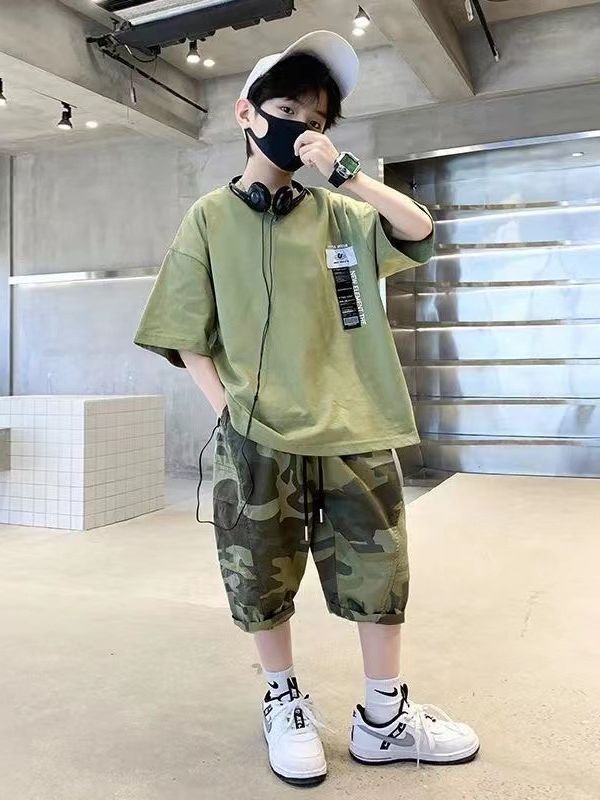 New arrival summer casual teen Boys Clothing Sets short sleeves solid T-shirt + camouflage shorts 2 Pieces outfits for kids