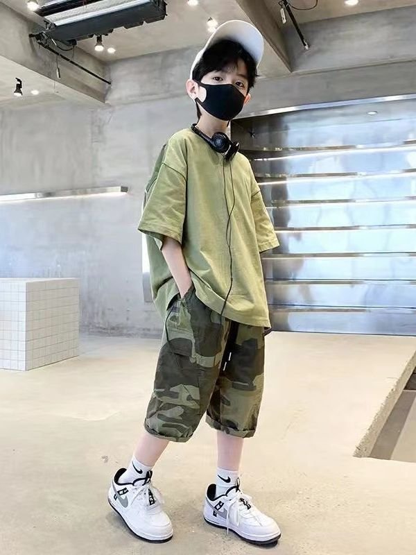 New arrival summer casual teen Boys Clothing Sets short sleeves solid T-shirt + camouflage shorts 2 Pieces outfits for kids