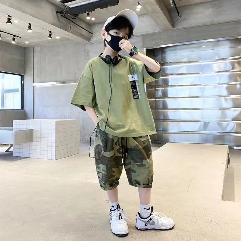 New arrival summer casual teen Boys Clothing Sets short sleeves solid T-shirt + camouflage shorts 2 Pieces outfits for kids