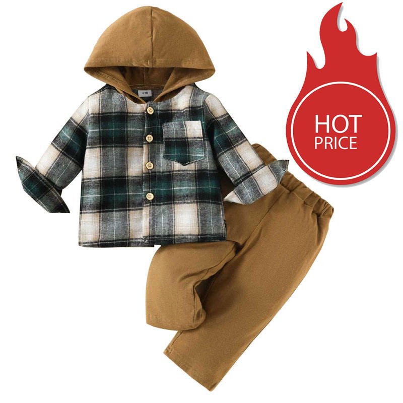 JF Fashion Fall Hoodie Long Sleeve Suit Plaid Shirts Loose Plus Size Popular Toddlers Boys Clothing Sets