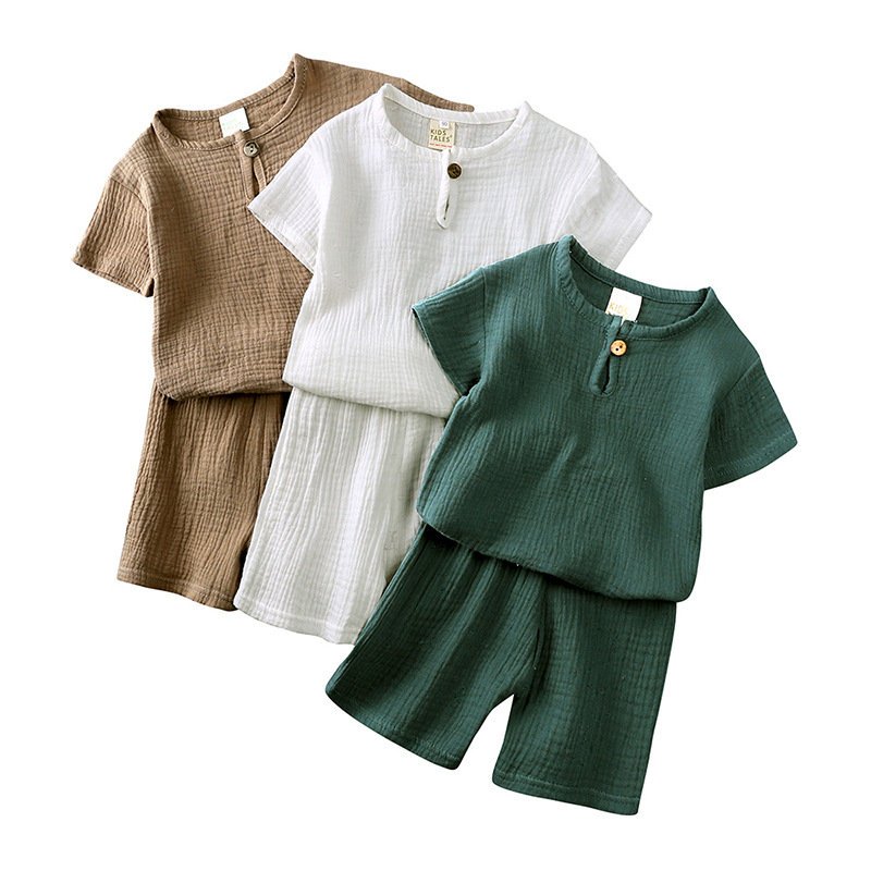 Summer Kids Boys Solid Plain Casual Suit Cotton Linen Short Sleeve T Shirt Shorts Two-piece Boy Clothes Set