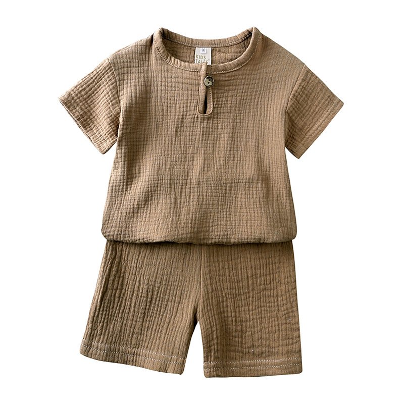 Summer Kids Boys Solid Plain Casual Suit Cotton Linen Short Sleeve T Shirt Shorts Two-piece Boy Clothes Set